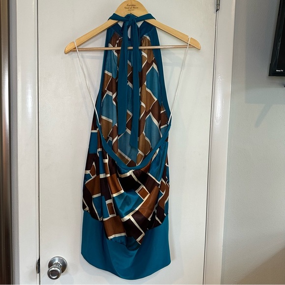 Marianne Y2K Geometric Halter Top. Size: 1X. Blue and Brown. - Picture 5 of 6